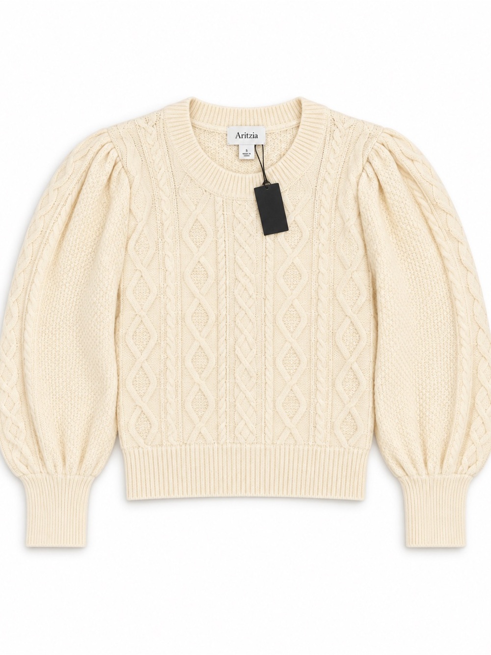 Joe's Jeans Cream Cable-Knit Puff Sleeve Crewneck Sweater